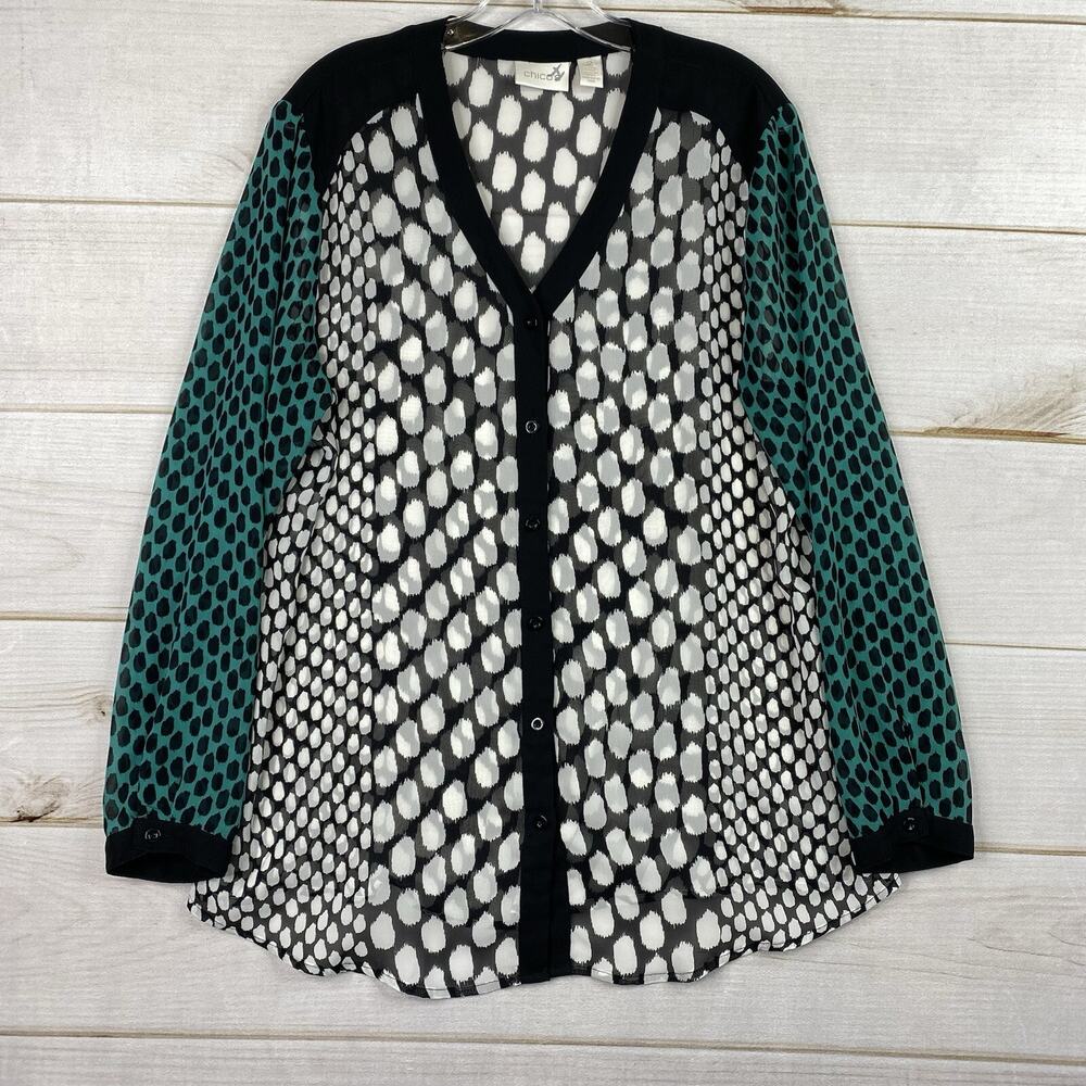 Chico's 2 Sz L Large Shirt Top Black Green Sheer Button Down V Neck Animal Print